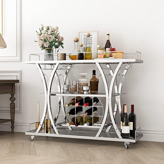 Silver Bar Carts with Glass Holders & Wine Rack, 3 Tier Home Bar Serving Carts by FABOMEI
