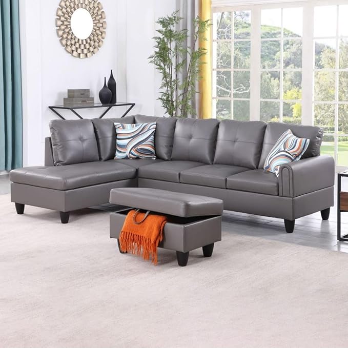 Dark Grey L-Shaped 3-Piece Faux Leather Sofa by Unknown