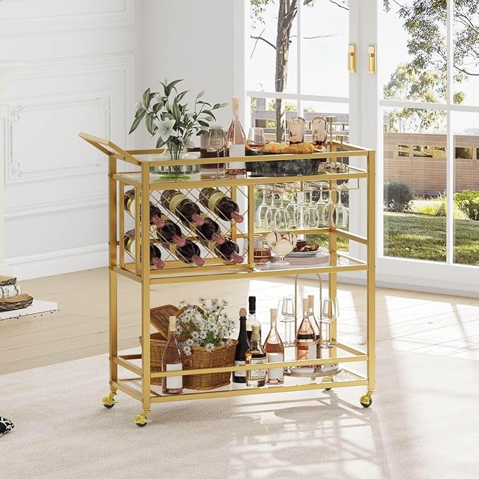 FATORRI Bar Cart Gold, Home Bar Serving Cart - Image 3