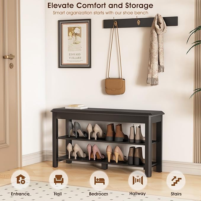 Shoe Rack Bench Seat Rubberwood 2-Tier Wooden Storage Bench 550lbs Compact - Image 3