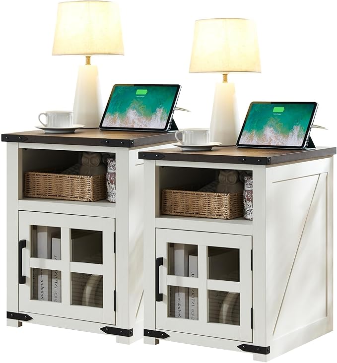 Farmhouse Nightstand with Charging Station, Rustic End Table with Tempered by Barnyatoh