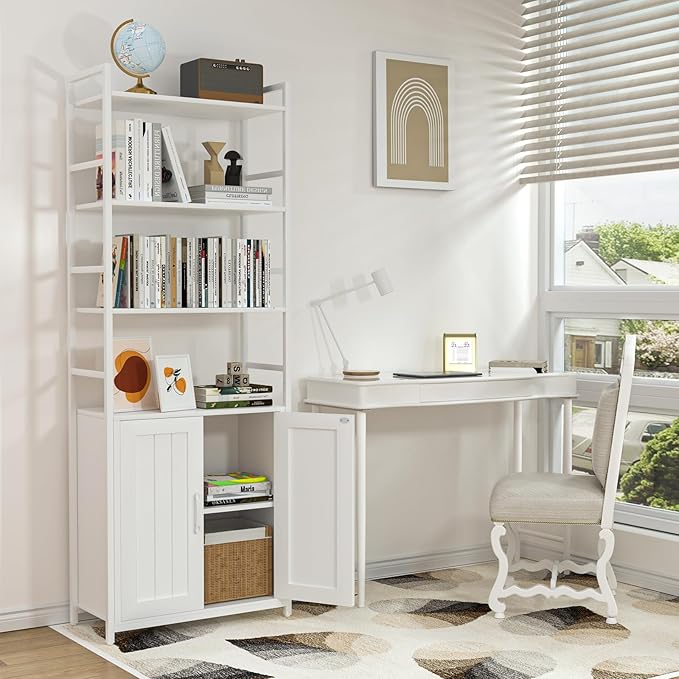 White Bookshelf with Doors, 6 Tier Book Shelf - Image 2