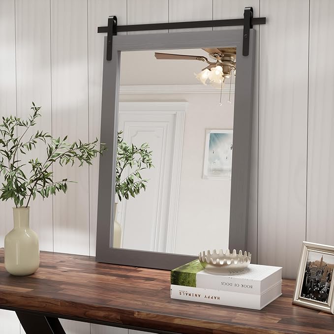 Farmhouse Wall Mirror, Rustic Wood Frame Bathroom Mirror Barn Door Inspired by PAIHOME