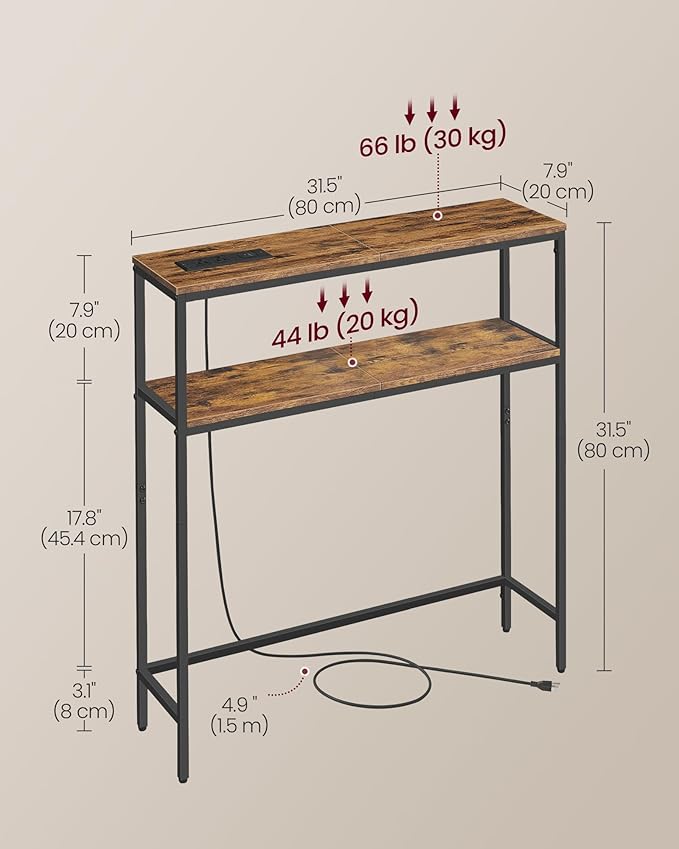 VASAGLE Console Table with Power Outlet, 2-Tier Narrow Sofa Table with 2 Shelves - Image 3