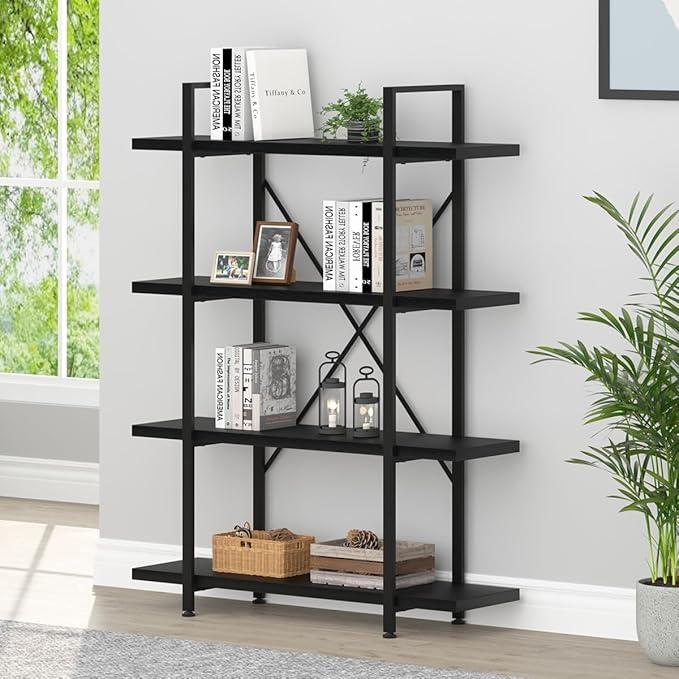 HSH 4 Tier Black Bookshelf, Industrial Metal Wood Storage Book Shelves by HOMESWEETHOME