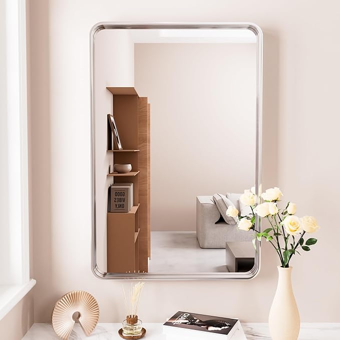 Brushed Nickel Bathroom Mirror 24x32 Inch, Brushed Silver Metal Frame Mirror - Image 2
