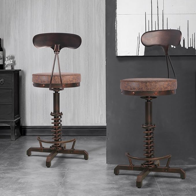 Industrial Bar Stool with Metal Backrest Rustic Coffee Stools with Swivel - Image 2