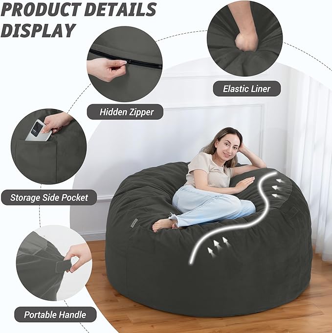 5FT Bean Bag Chair with Ultra Soft Velvet Cover Bean Bag Sofa with Memory Foam - Image 4