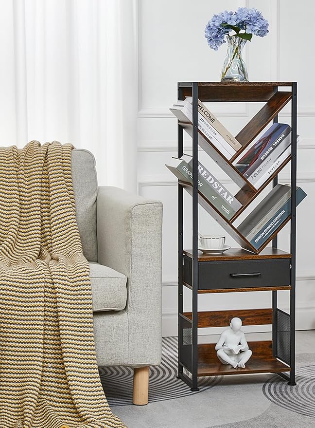 Bookshelf with Drawer, 8 Tier Tree Bookcase Retro Floor Standing Bookshelves - Image 7
