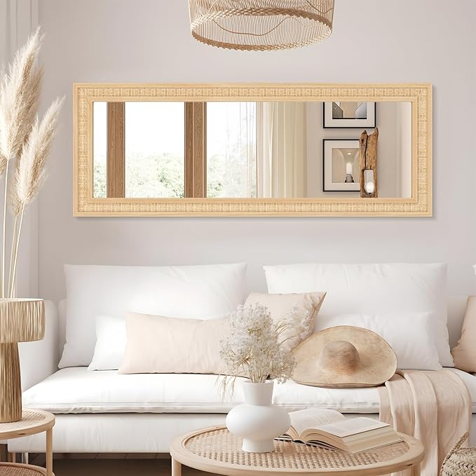 Rattan Wall Mirror with Wooden Framed 18 X 48 inch Farmhouse Rectangle Wood - Image 5