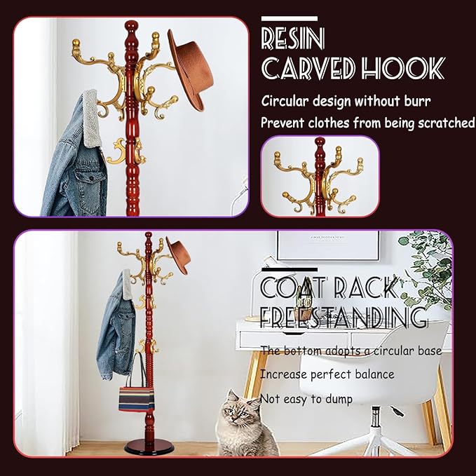 73 in Wood Coat Rack, Coat Rack Freestanding - Image 3