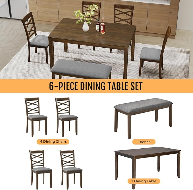 6-Piece Solid Wood Dining Table Set, Includes 1 Dining Table, 4 Upholstered - Image 4