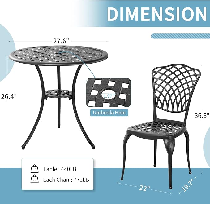 3 Piece Bistro Table Set Anti-Rust Outdoor Bistro Set Cast Alumiunm Patio Table - Image 5