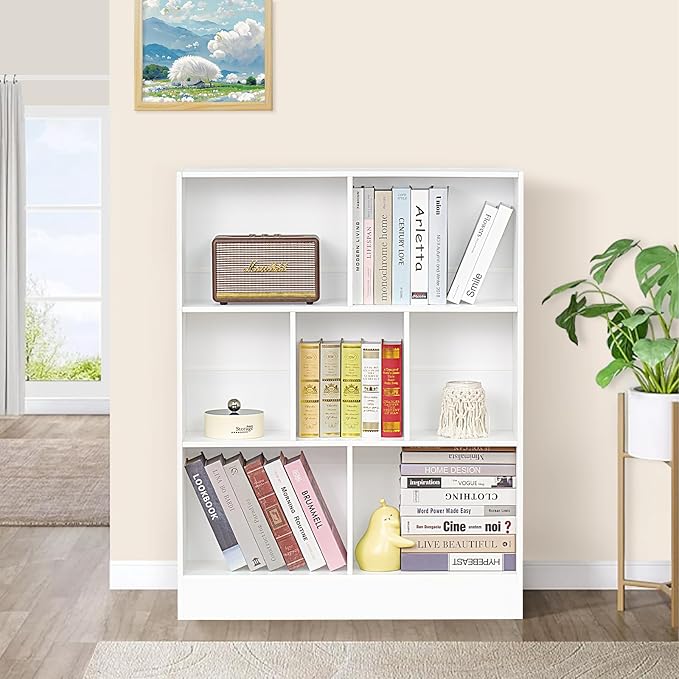 YAHARBO White 7 Cube Bookshelf, 3 Tier Modern Horizontal Bookcase, Wooden Low - Image 7