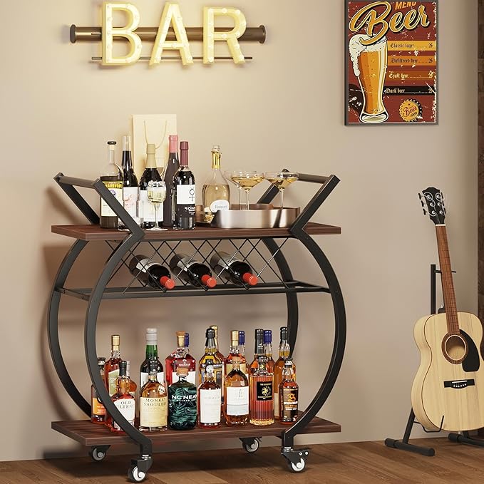 LVB Modern Gold Bar Cart, Industrial Rolling Serving Wine Cart - Image 3