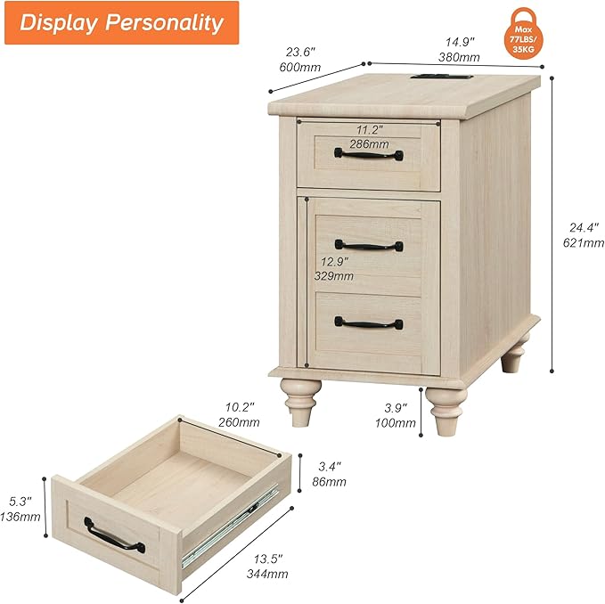 WAMPAT Beige End Table with Charging Station, Wooden Side Table with Storage - Image 2