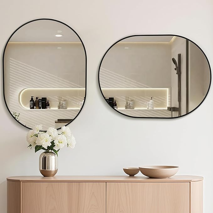 Oval Bathroom Mirror 22x30 Inch, Pill Shape Black Framed Wood Wall Mirrors - Image 5