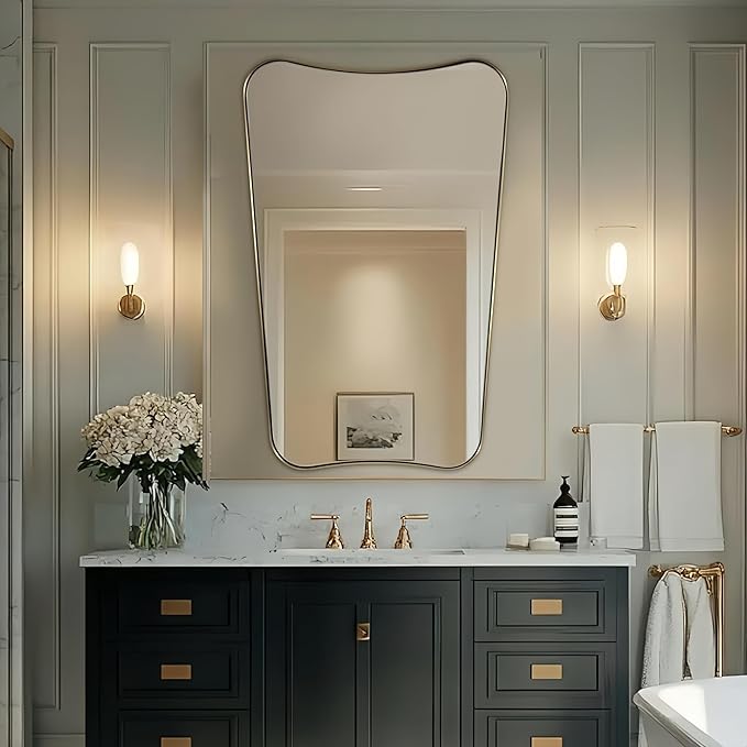 ANDY STAR Gold Vanity Mirror, 26x38 Inch Brushed Gold Asymmetrical Wall Mirror - Image 5