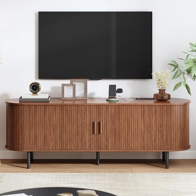 63" TV Stand with Power Outlet, Modern Media Console with Sliding Doors - Image 7