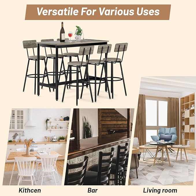 Dining Table Set for 6, 7-Piece Bar Table Set, Kitchen Table and Chairs - Image 6
