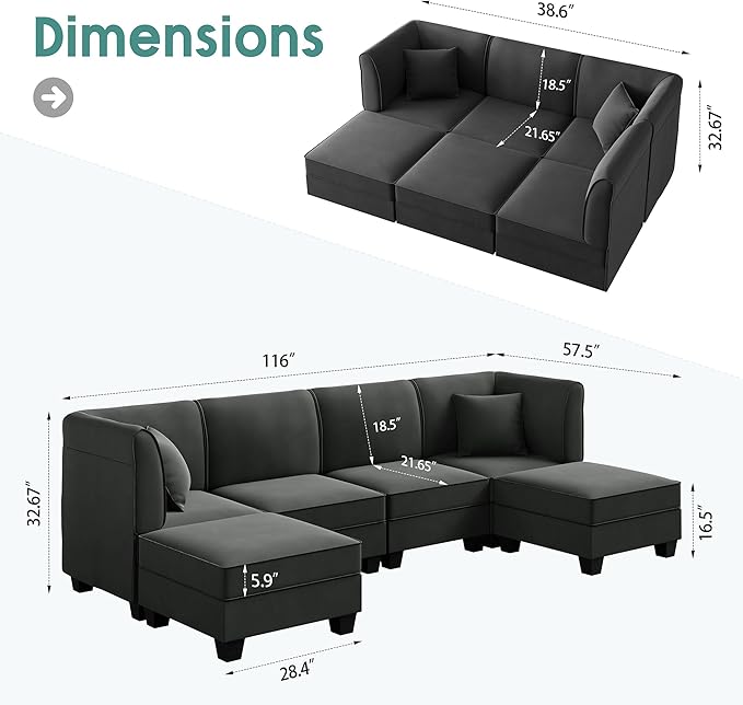 Shintenchi 6 Pieces Sectional Couch Modular Sofa, U Shaped Reversible Chaise - Image 2