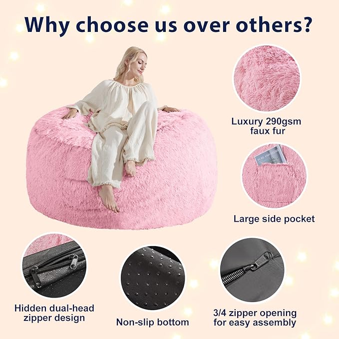 Fluffy Bean Bag for Stuffed Animals Storage, Faux Fur Washable Bean Bag Chair - Image 4