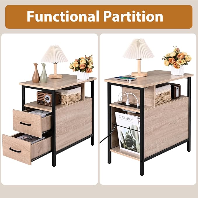 Side Tables with Charging Station, Narrow End Table with 2 Wooden Drawers - Image 5