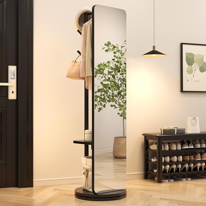 70"x16"Full Length Mirror with Stand, Coat Rack with Mirror, Solid Wood Floor by Unknown