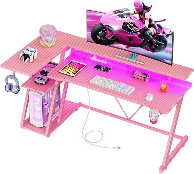 55 Inch Pink Gaming Desk with Power Outlet & LED Lights, Corner Computer Desk by Korfile