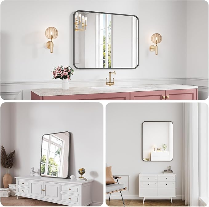 Bathroom Mirror, 28X32 Inch Black Metal Framed Mirror - Image 3
