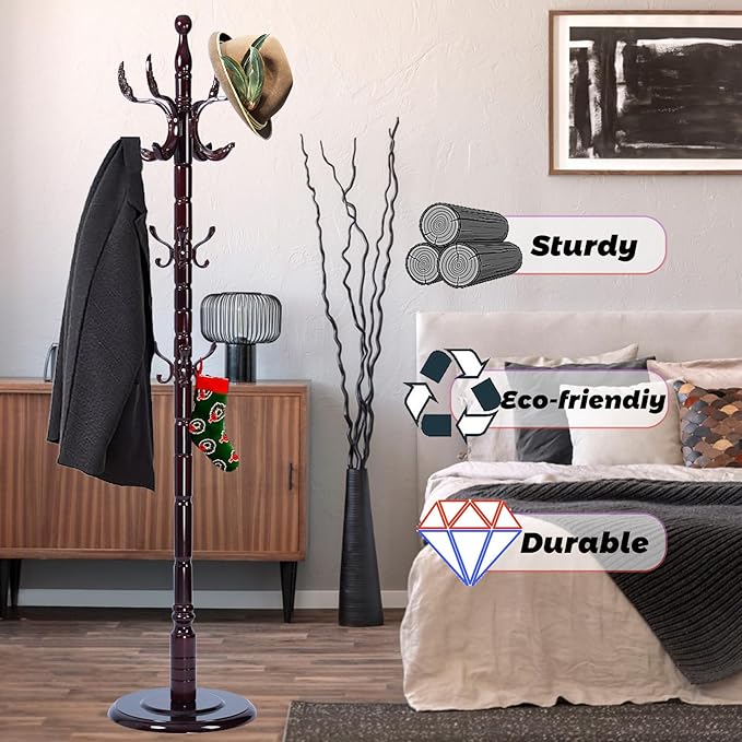 72 in Wood Coat Rack, Coat Rack Freestanding - Image 4