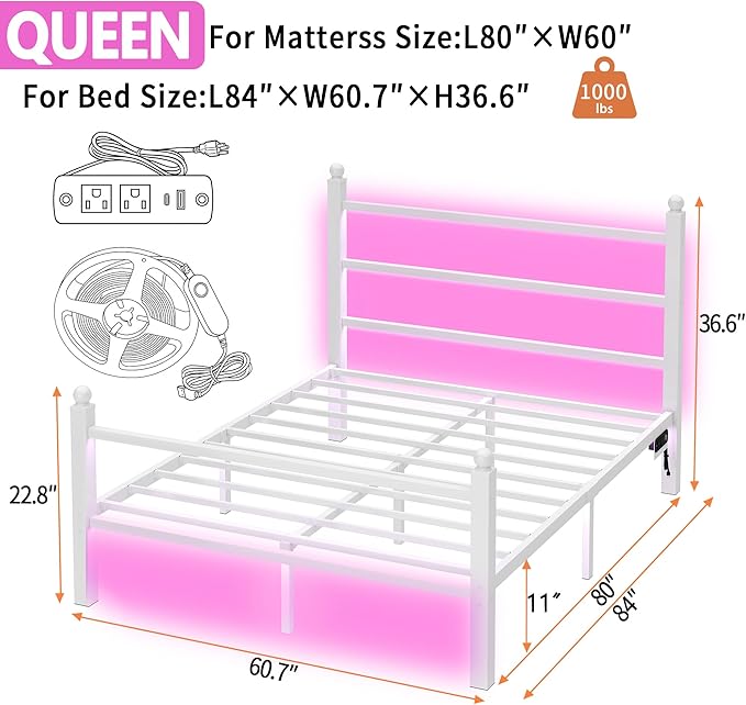 Queen Bed Frame with Headboard and Footboard, Steel Slats Support-LED Bed Frame - Image 2