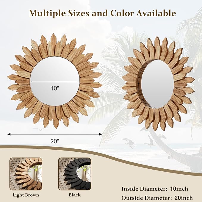 20 Inch Brown Boho Wall Decor Sunburst Mirror - Image 7