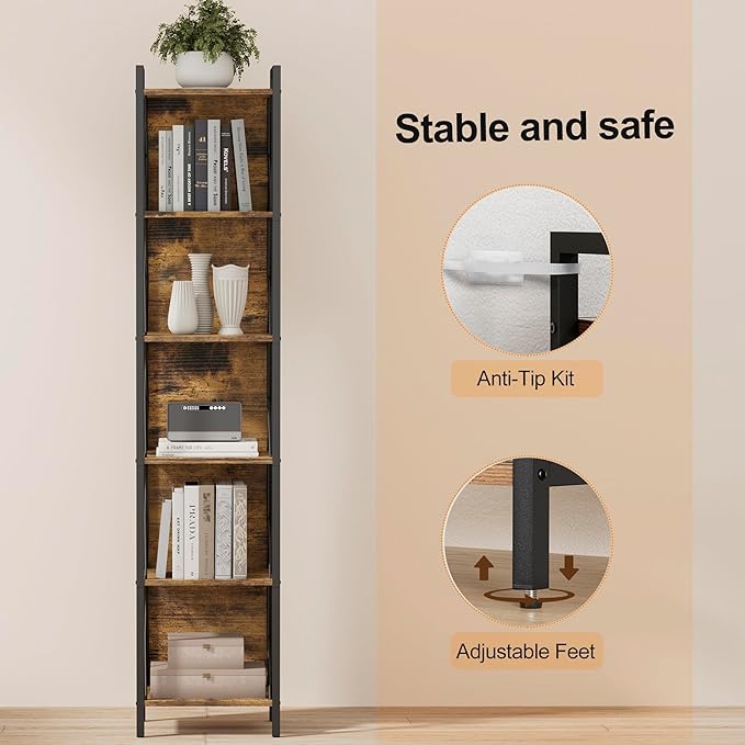 Homhedy 6 Tier Bookshelf Bookcase, Tall Narrow Bookshelf - Image 5