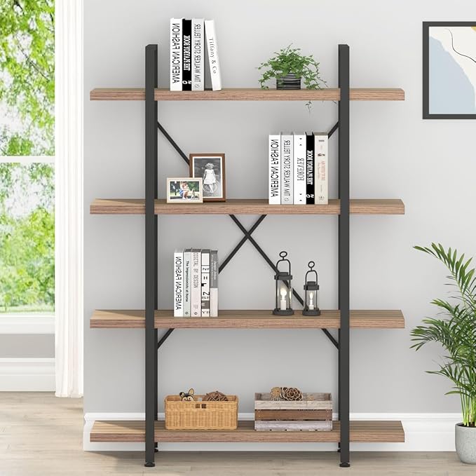 HSH Industrial 4 Tier Bookshelf, Modern Metal and Wood 4 Shelf Bookcase Etagere - Image 4
