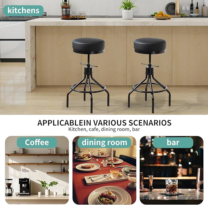 Adjustable Bar Stools Swivel Black Barstools Modern PU Leather 28inch Round - Image 4