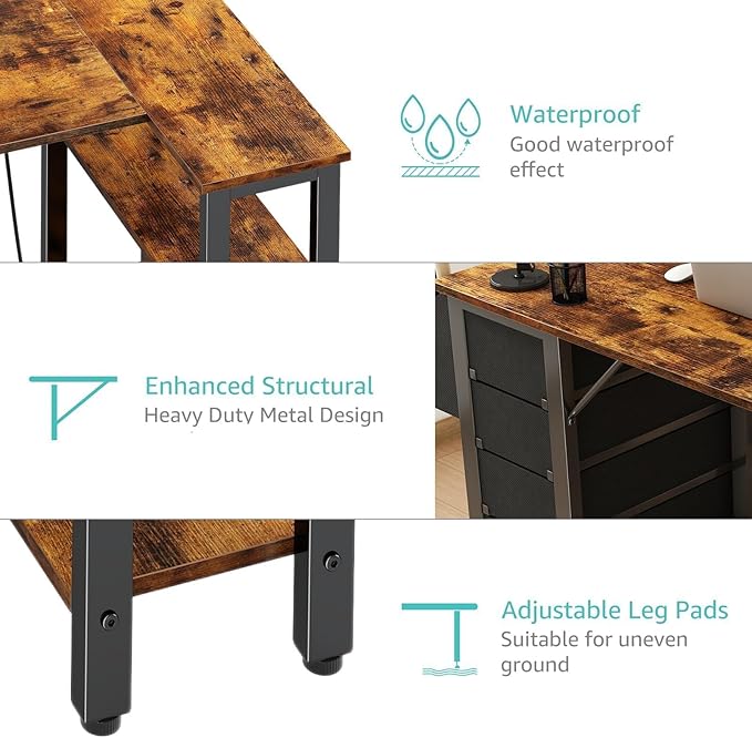 Lufeiya L Shaped Desk with Drawers & Storage Shelves, 47 Inch Small Reversible - Image 9