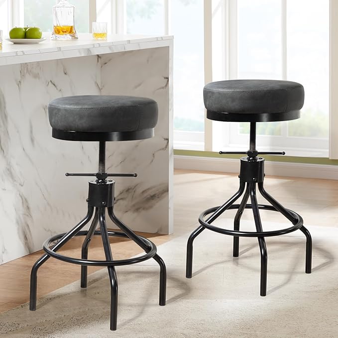 Swivel Bar Stools Adjustable Industrial Barstools Metal Modern PU Leather - Image 2