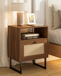 Rattan Nightstand, Mid Century Modern Night Stand, Boho Farmhouse Wood Bedside by Unknown