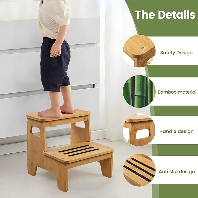 Wooden Step Stools for Kids, Heavy Duty Bamboo 2-Step Stepping Stools for - Image 4