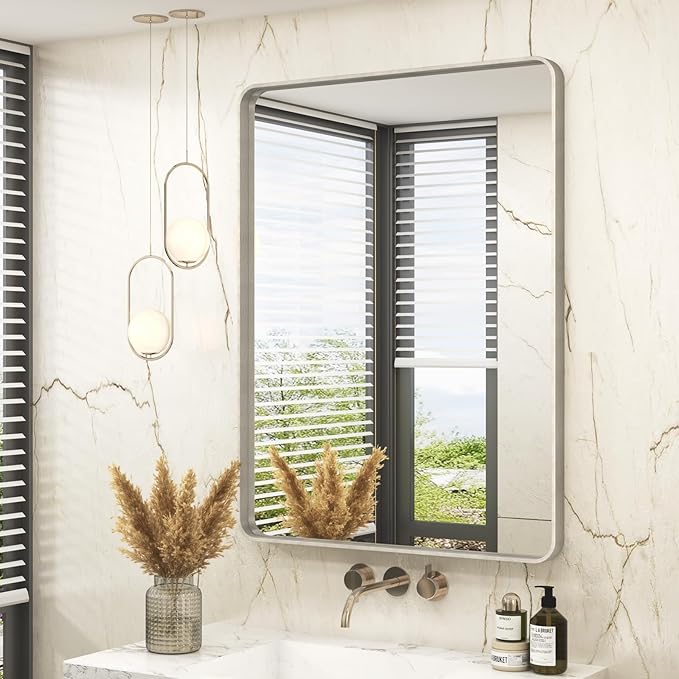 28x36 Inch Brushed Nickel Bathroom Mirror, Brushed Silver Metal Framed Wall by VANLIOBathroomMirror
