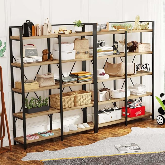 FATORRI Bookshelf, 5 Tier Industrial, Tall Etagere Bookcase, Rustic Wood and - Image 9