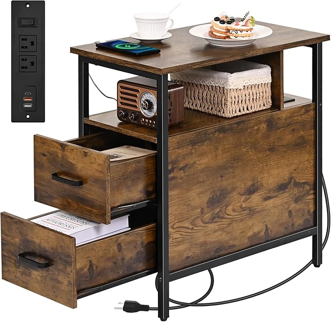 Side Tables with Charging Station, Narrow End Table with 2 Wooden Drawers by Livofloral