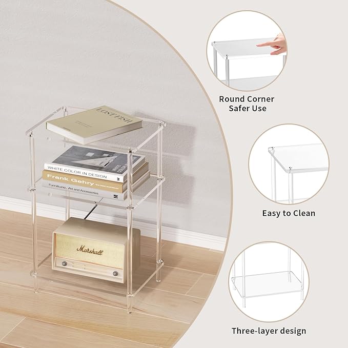 Acrylic Side Tables with 3 Shelve, Bedside Table Clear Nightstand - Image 3