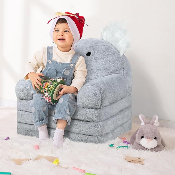 Toddler Chair with Faux Rabbit Fur – 2-in-1 Foldable Kids Couch, Koalas Design - Image 2