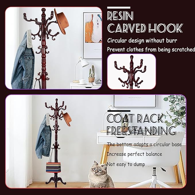 73 in Wood Coat Rack, Coat Rack Freestanding - Image 3