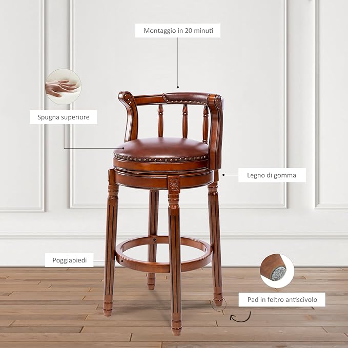 Cow top Leather Wooden Bar Stools, 360 Degree Swivel Bar Height Chair - Image 7