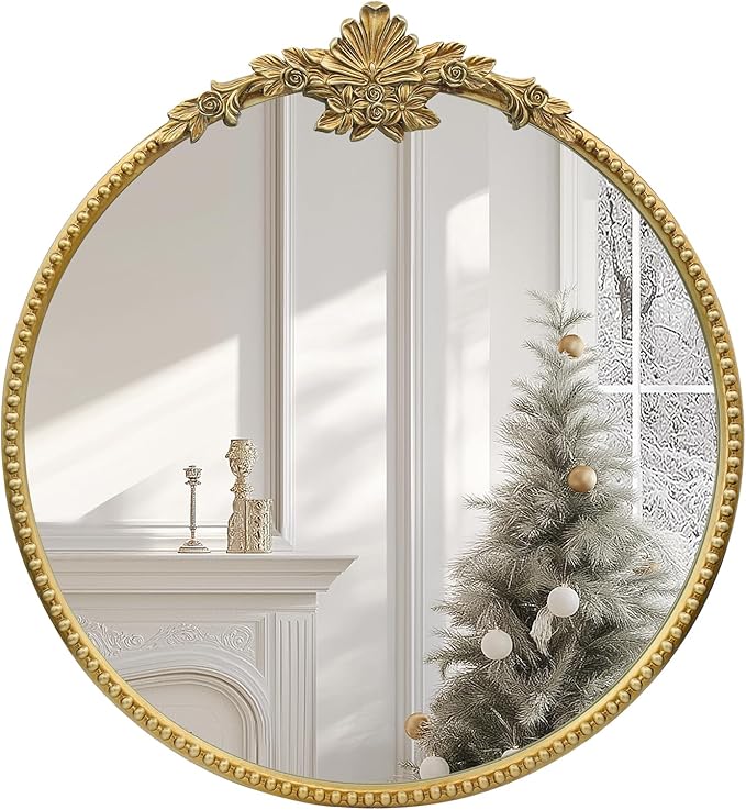 Round Gold Mirror, 24inch Baroque Style Vintage Decorative Circle Wall Mirror by IPOUF