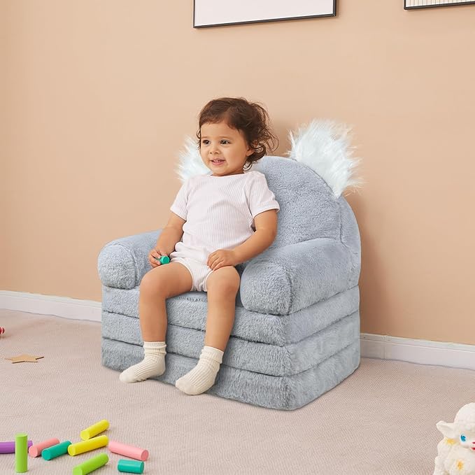 Toddler Chair with Faux Rabbit Fur – 2-in-1 Foldable Kids Couch, Koalas Design - Image 6