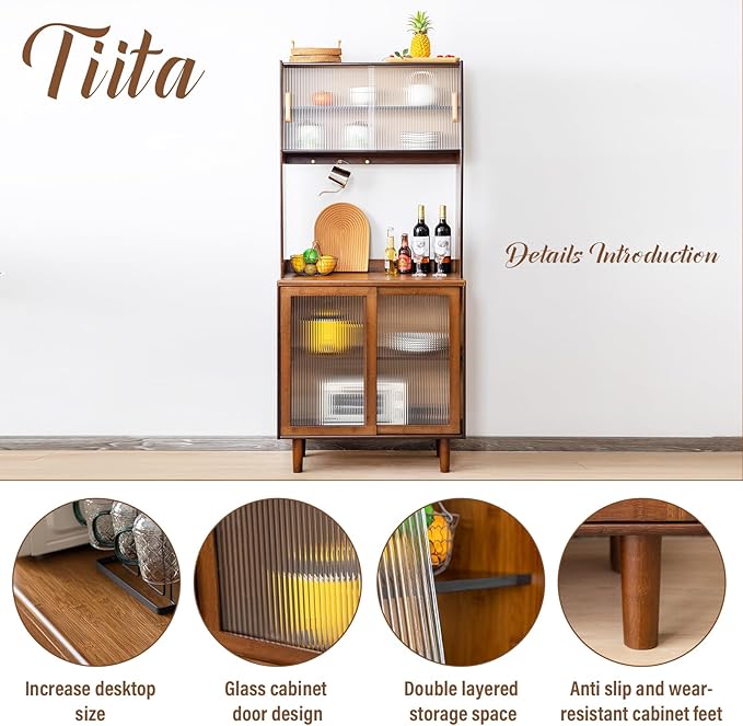 Tiita Kitchen Hutch with Countertop, 69” Rattan Solid Wood Pantry Cabinet with - Image 7